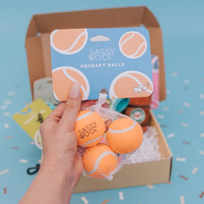 A hand holds a mesh bag of Sassy Woof 3 Pack of Squeaky Tennis Balls with a blue and orange label. In the background, an open box with pet items and confetti sits on a blue surface, ready for dog playtime.