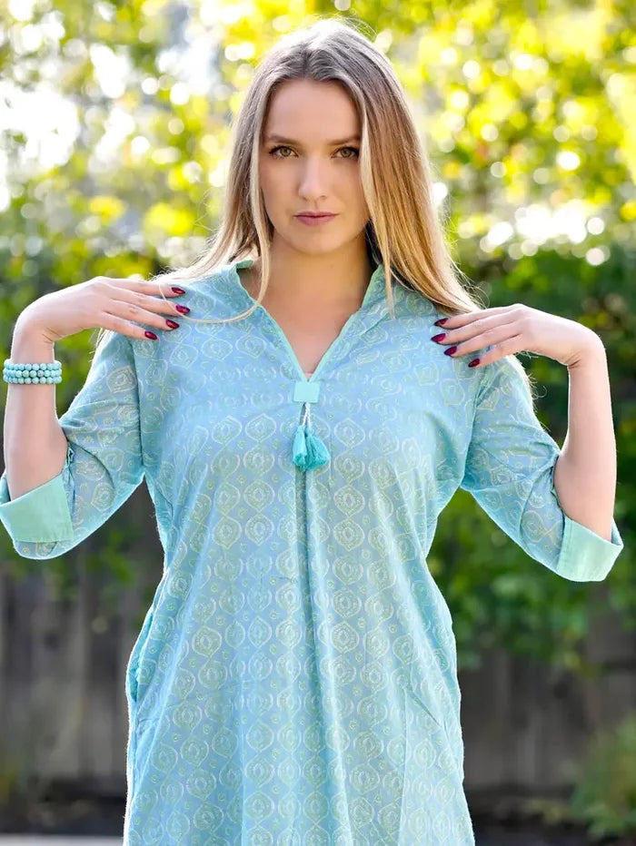 Bea Contrast Cuff Tunic Dress Blue-Green