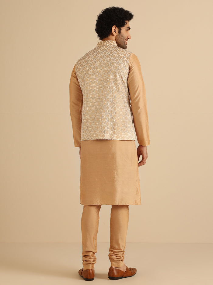 Beige Cotton Silk Textured Nehru Jacket