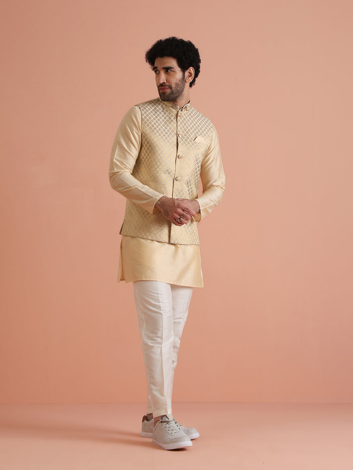 Beige Ethnic Motifs Nehru Jacket Kurta Set