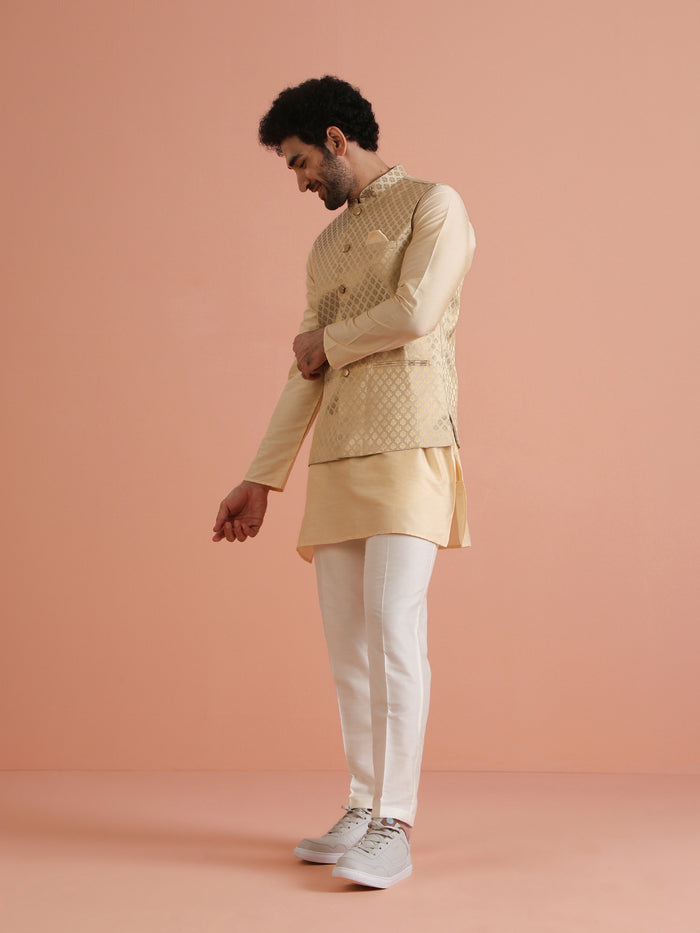 Beige Ethnic Motifs Nehru Jacket Kurta Set
