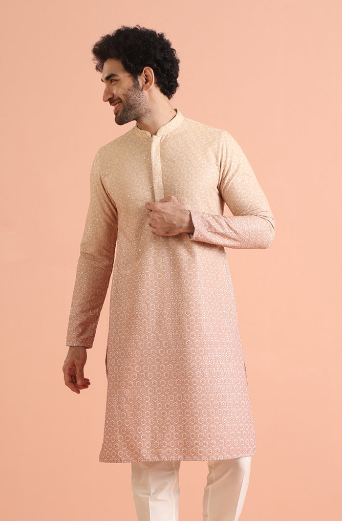Beige Silk Blend Jacquard Kurta