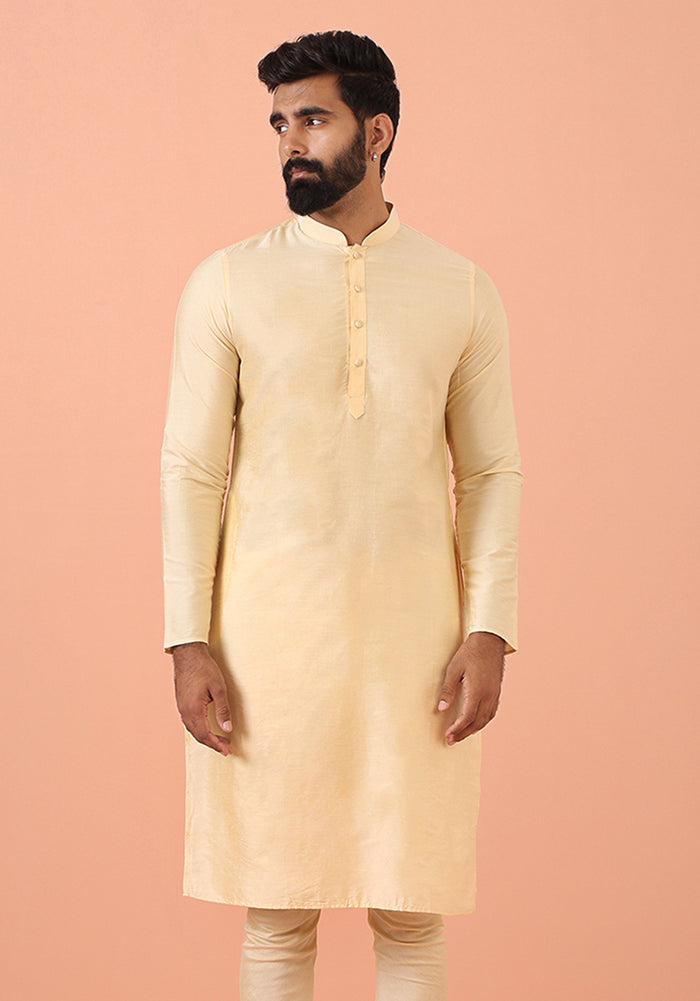 Beige Silk Blend Solid Long Kurta