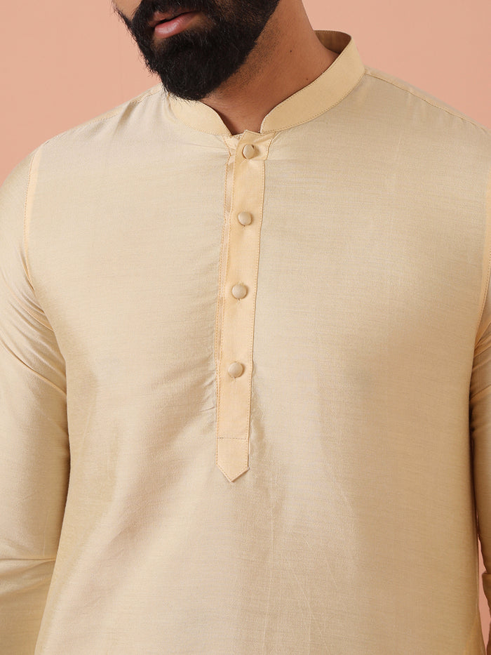 Beige Silk Blend Solid Long Kurta