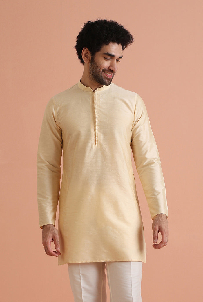 Beige Silk Blend Solid Mid Kurta