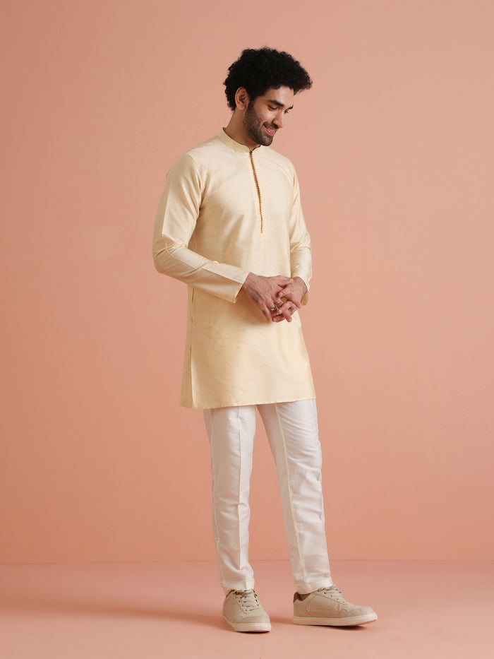 Beige Silk Blend Solid Mid Kurta