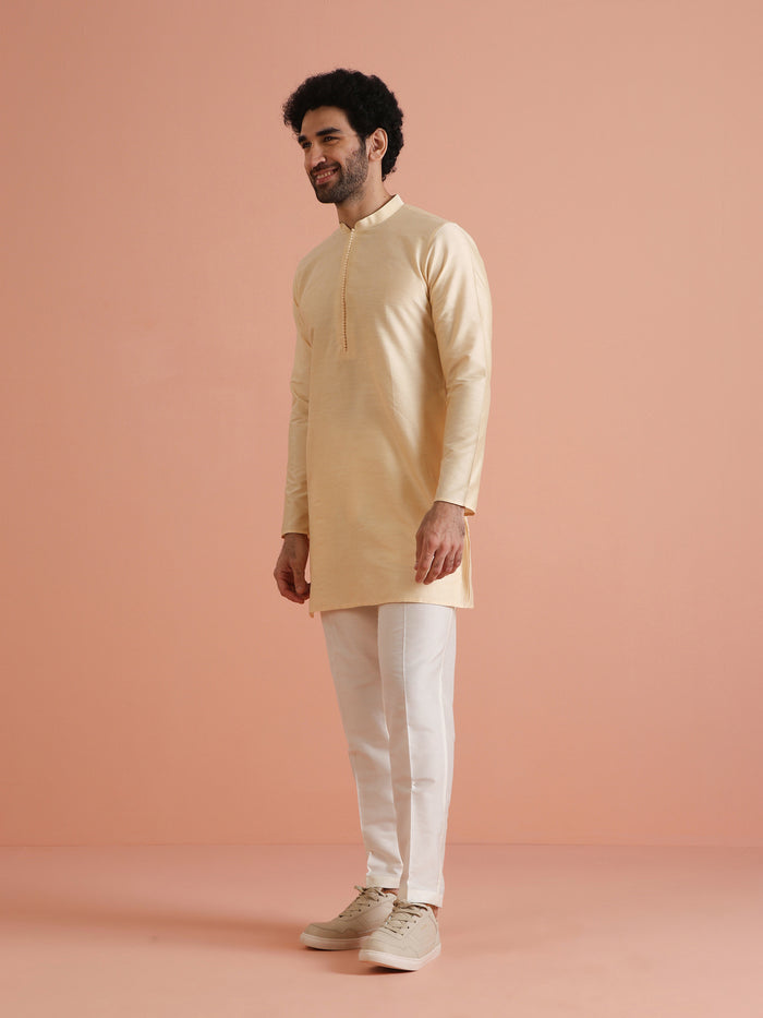 Beige Silk Blend Solid Mid Kurta