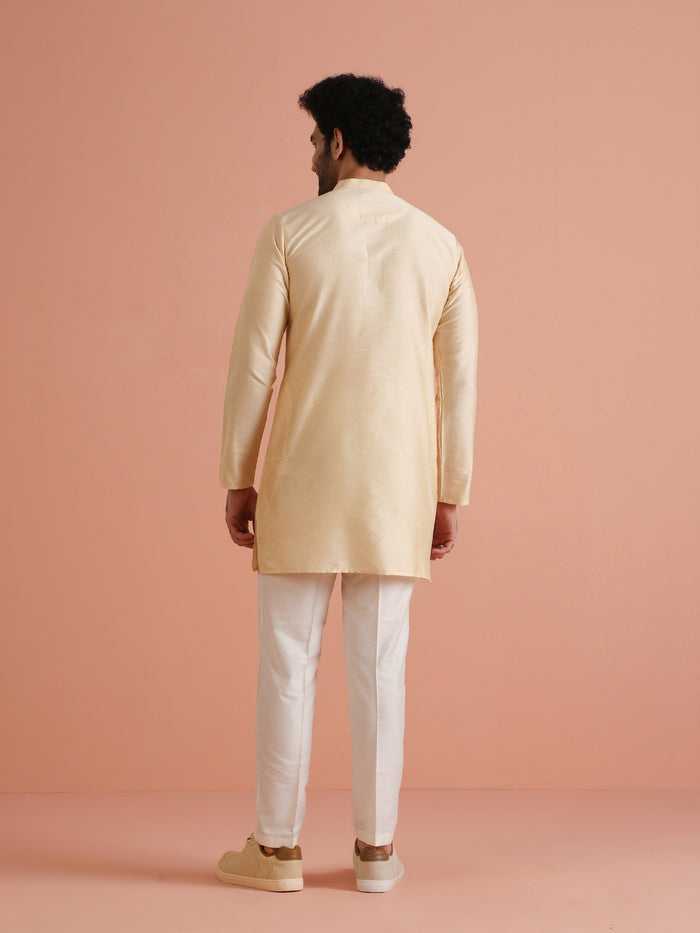 Beige Silk Blend Solid Mid Kurta