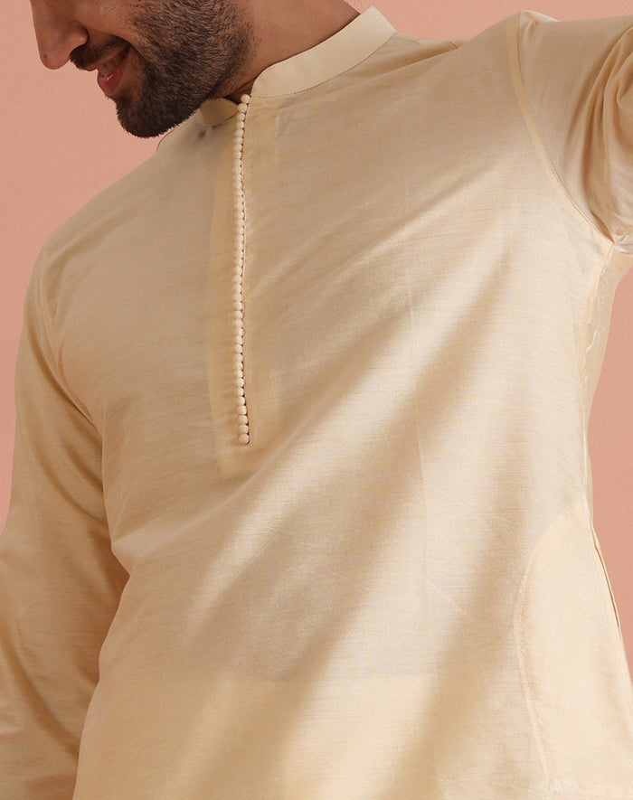 Beige Silk Blend Solid Mid Kurta