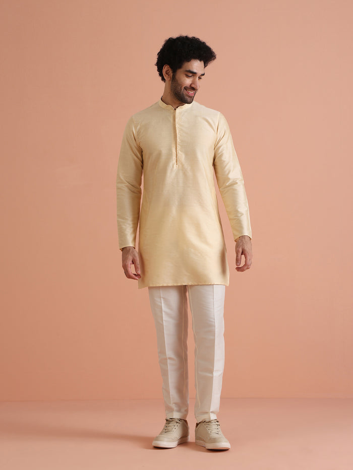 Beige Silk Blend Solid Mid Kurta