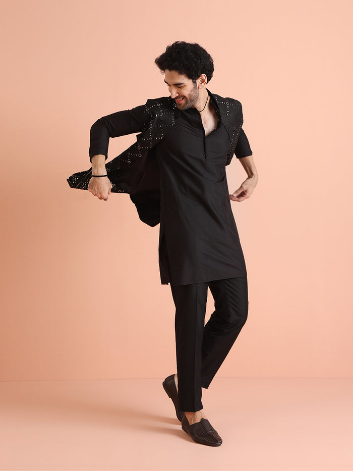 Black Cotton Embroidered Nehru Jacket Kurta Set