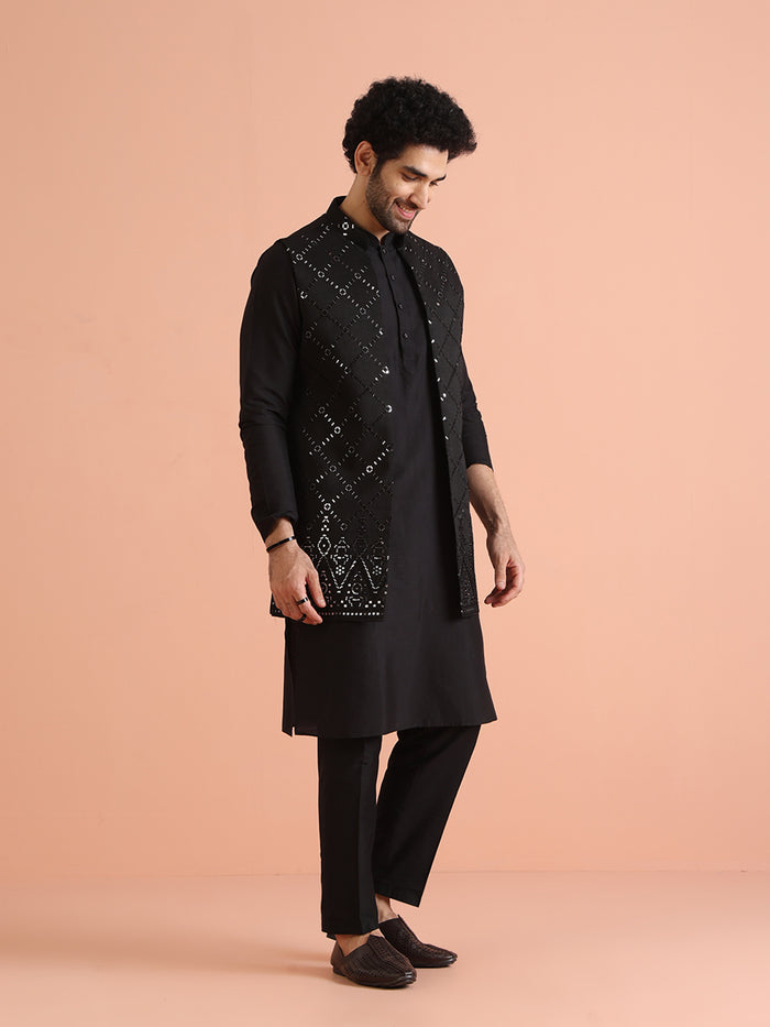 Black Cotton Embroidered Nehru Jacket Kurta Set