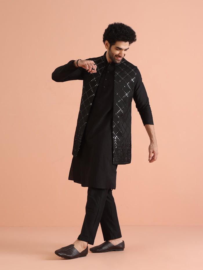Black Cotton Embroidered Nehru Jacket Kurta Set