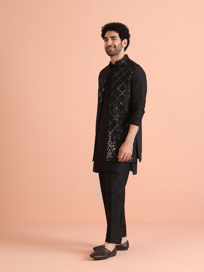 Black Cotton Embroidered Nehru Jacket Kurta Set
