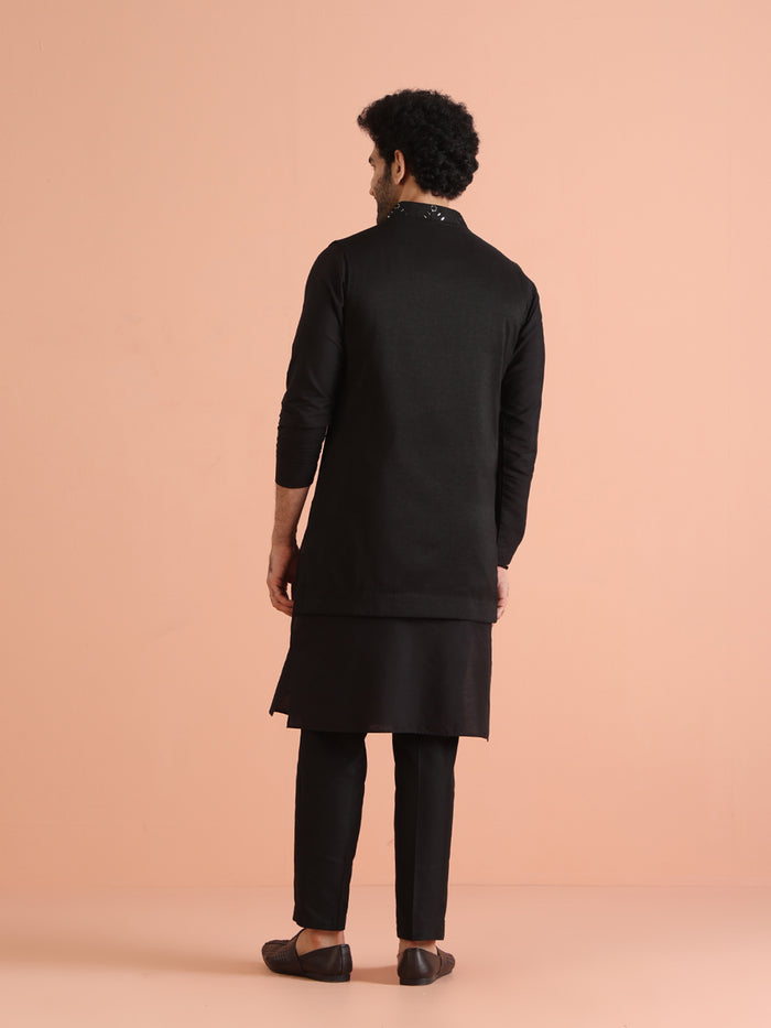 Black Cotton Embroidered Nehru Jacket Kurta Set