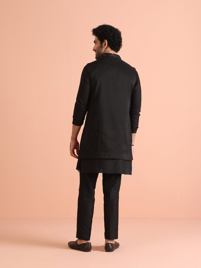 Black Cotton Embroidered Nehru Jacket Kurta Set