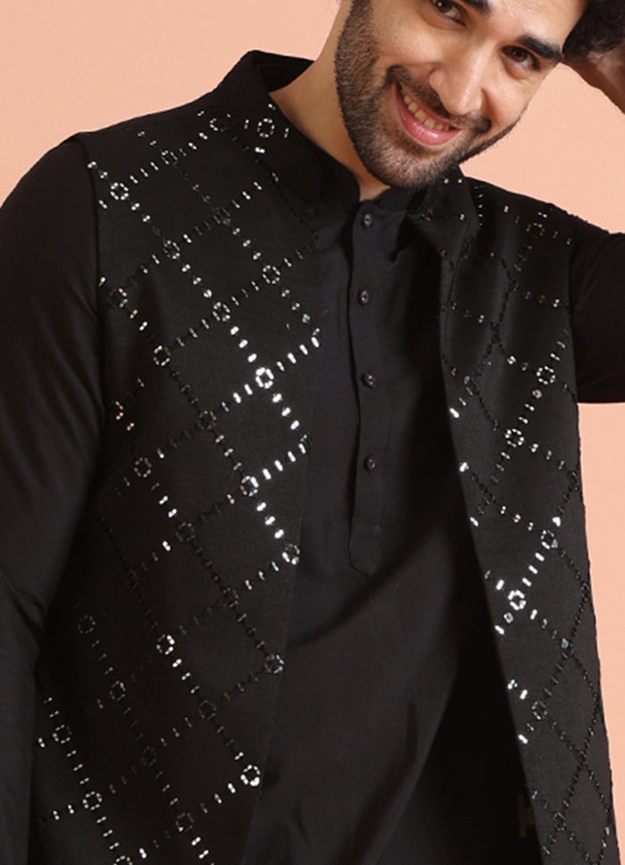 Black Cotton Embroidered Nehru Jacket Kurta Set
