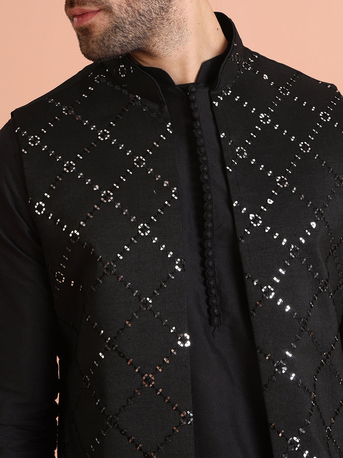 Black Cotton Embroidered Nehru Jacket Kurta Set