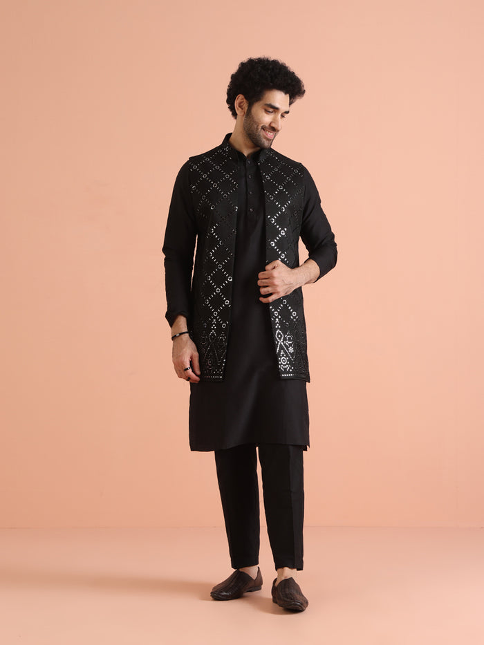 Black Cotton Embroidered Nehru Jacket Kurta Set
