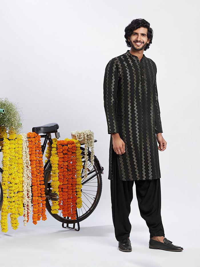 Black Cotton Metallic Printed Long Kurta