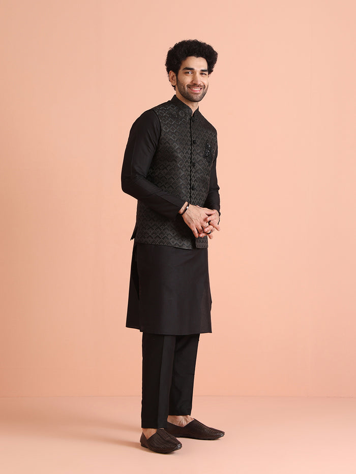 Black Cotton Silk Embossed Nehru Jacket Kurta Trouser