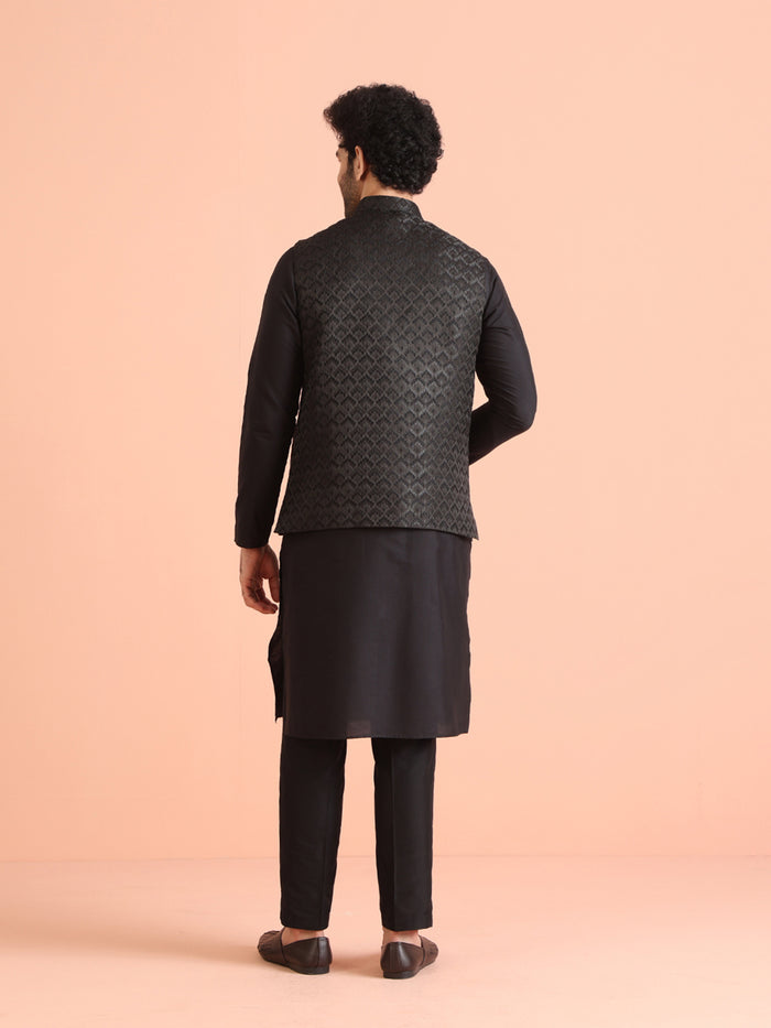 Black Cotton Silk Embossed Nehru Jacket Kurta Trouser