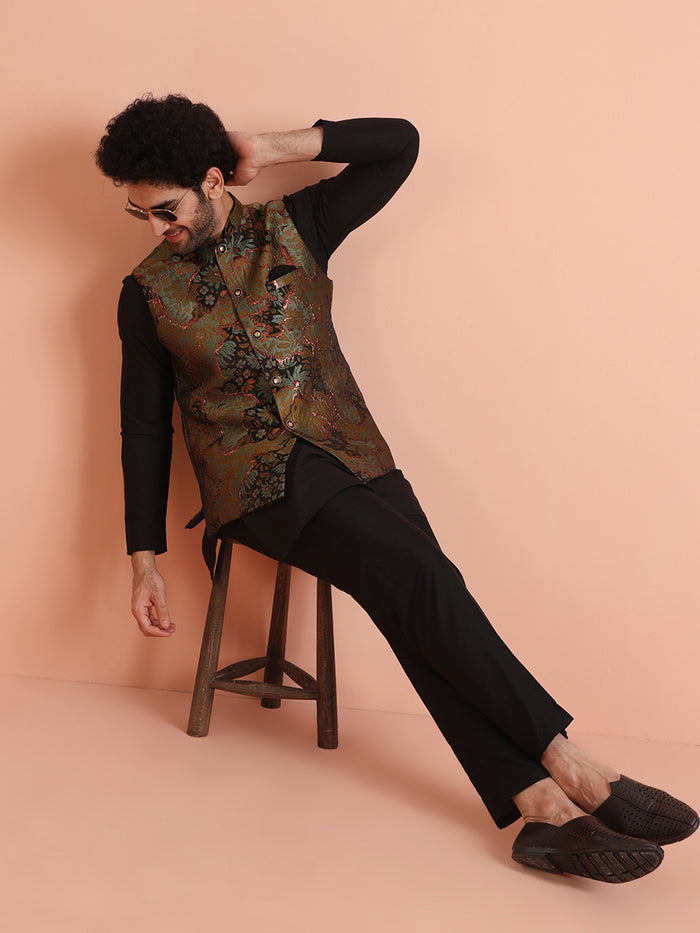 Black Cotton Silk Metallic Sherwani Jacket Kurta Set