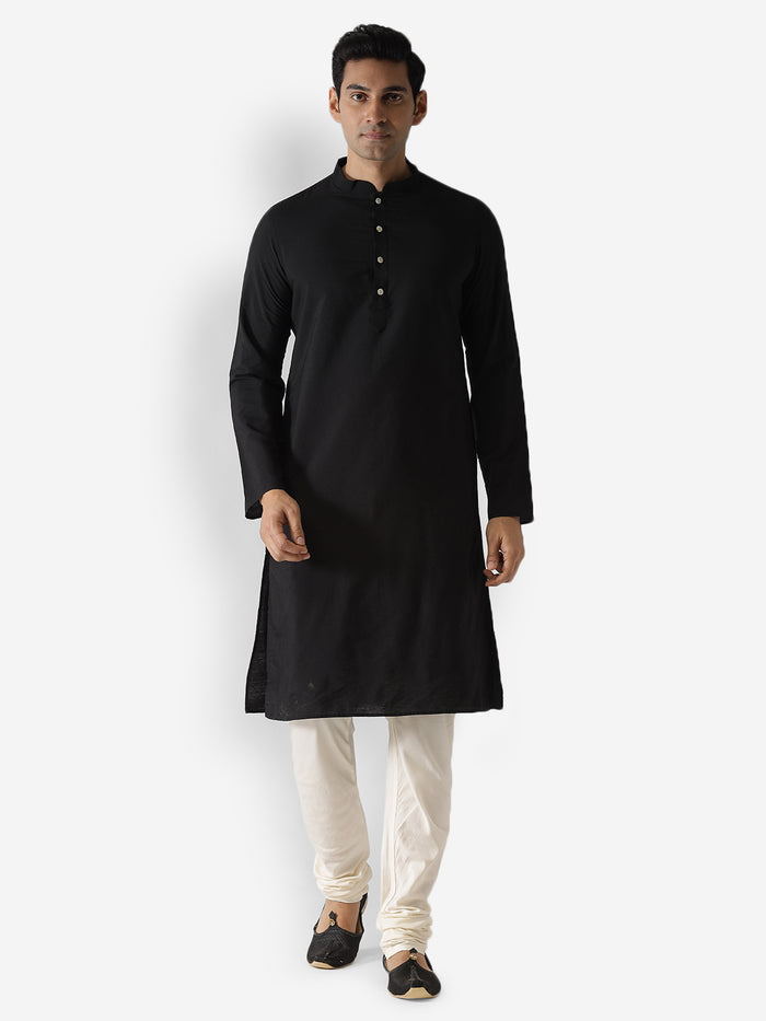 Black Cotton Silk Solid Kurta Churidar Set
