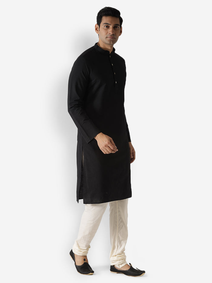 Black Cotton Silk Solid Kurta Churidar Set