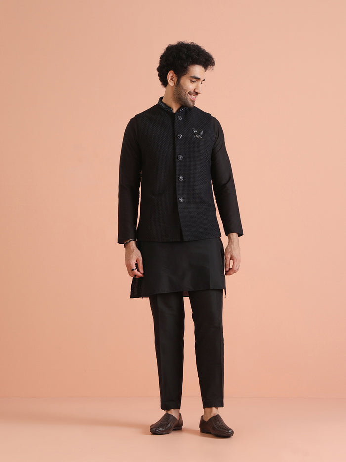 Black Cotton Silk Thread Work Nehru Jacket Kurta Trouser