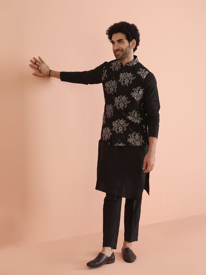 Black Heavy Thread Work Nehru Jacket Kurta Trouser