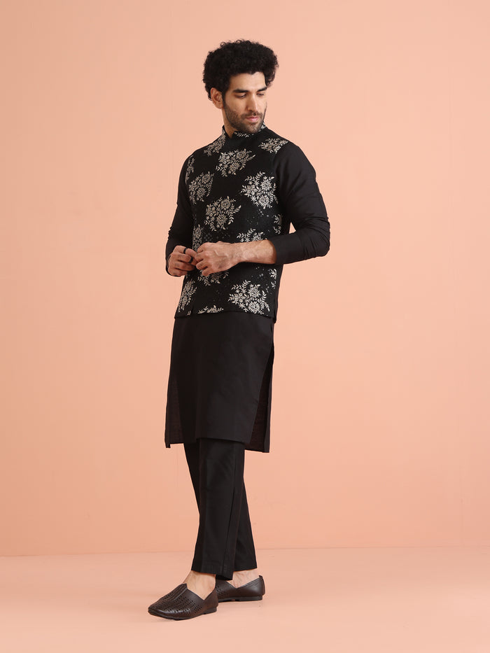 Black Heavy Thread Work Nehru Jacket Kurta Trouser