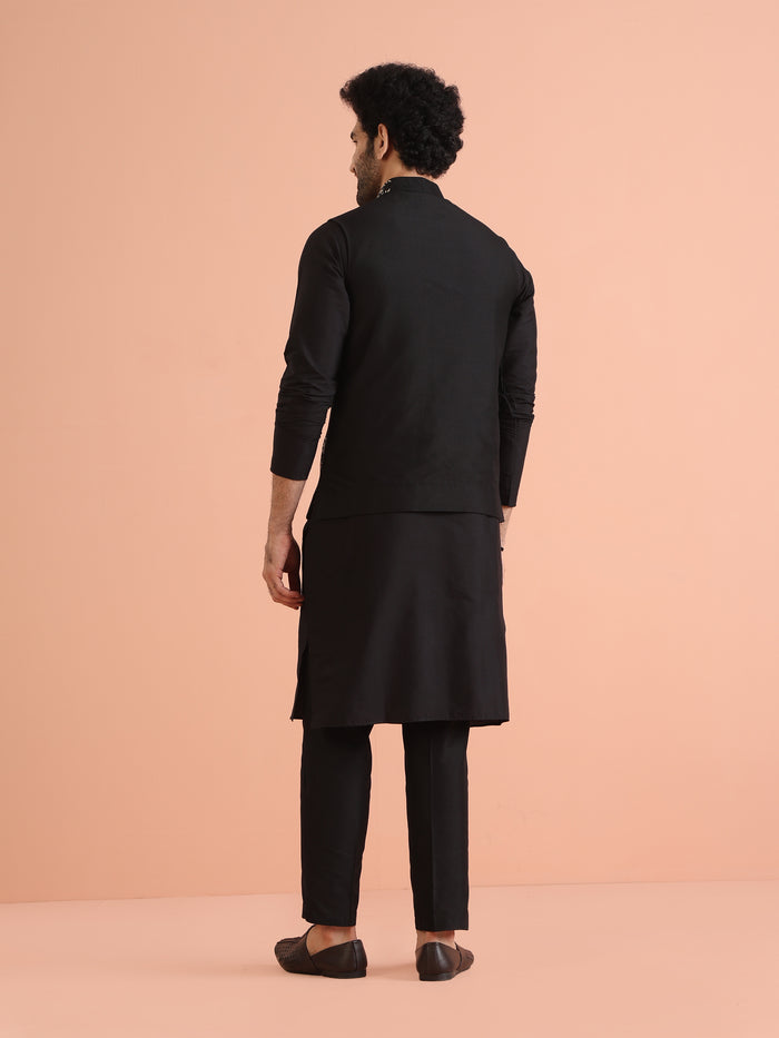 Black Heavy Thread Work Nehru Jacket Kurta Trouser