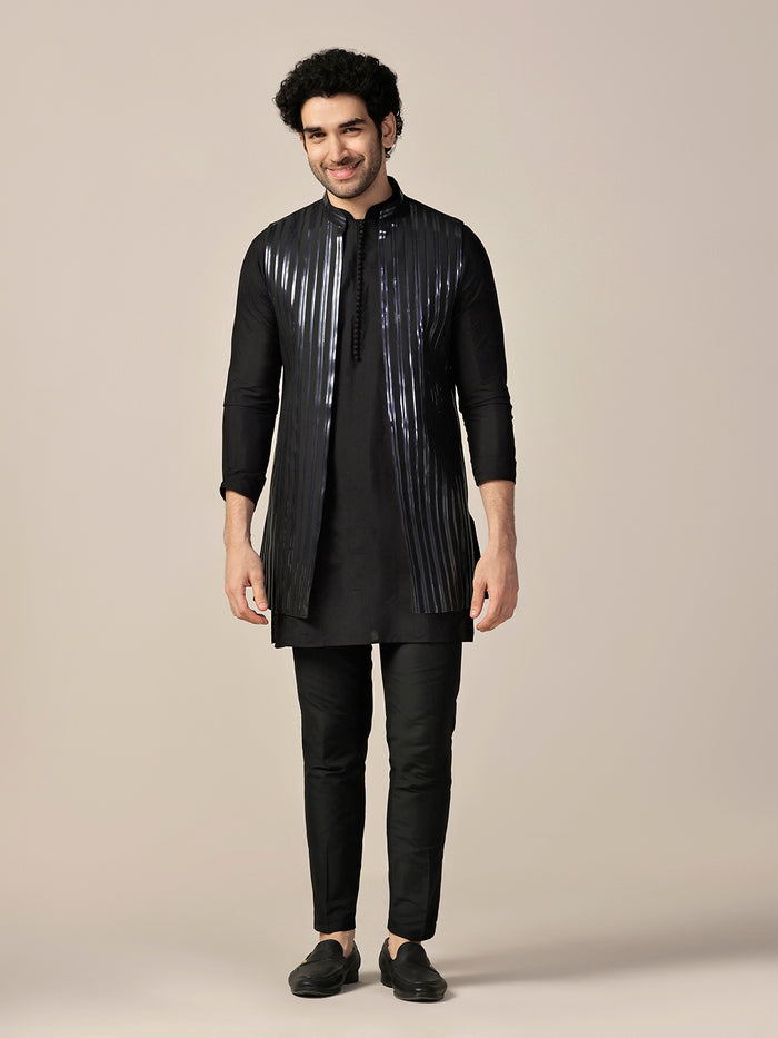 Black Metallic Tape Work Nehru Jacket Set