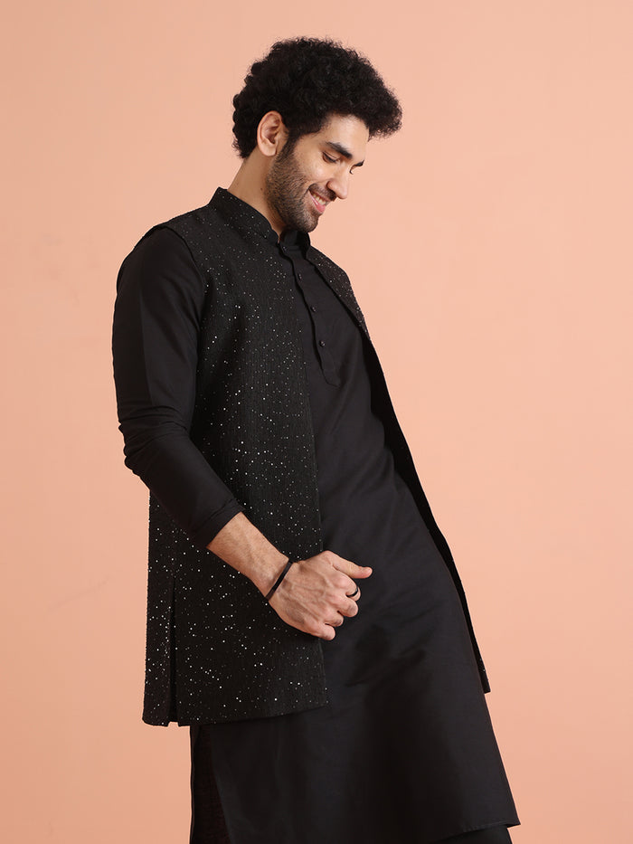 Black Sequinned Jacket Kurta Trouser Set