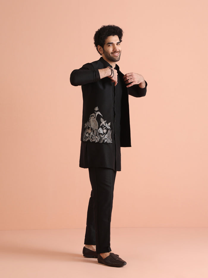 Black Silk Animal Embroidered Jacket Set