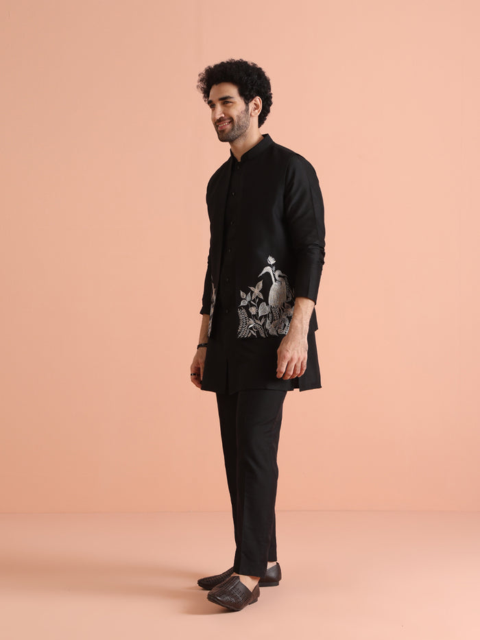 Black Silk Animal Embroidered Jacket Set