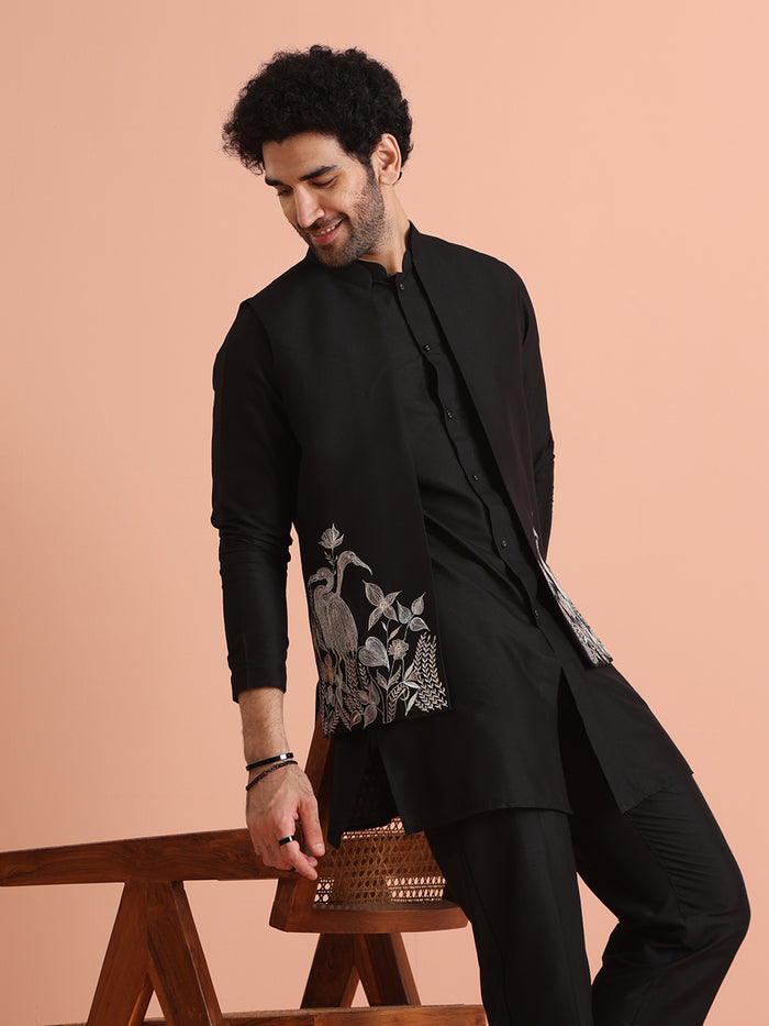 Black Silk Animal Embroidered Jacket Set
