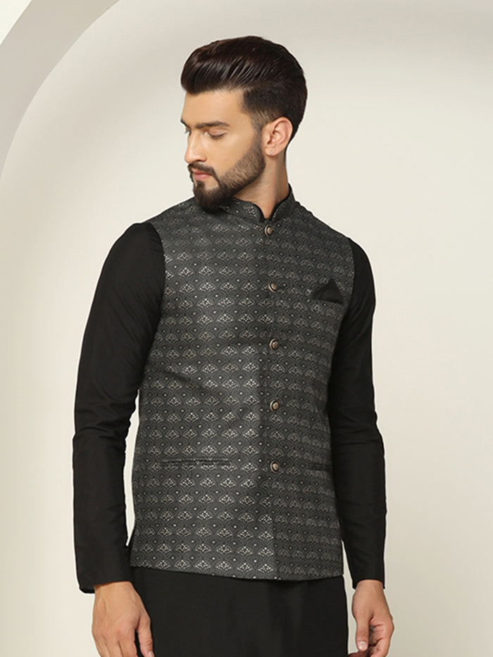 Black Silk Blend Sequin Embroidered Nehru Jacket