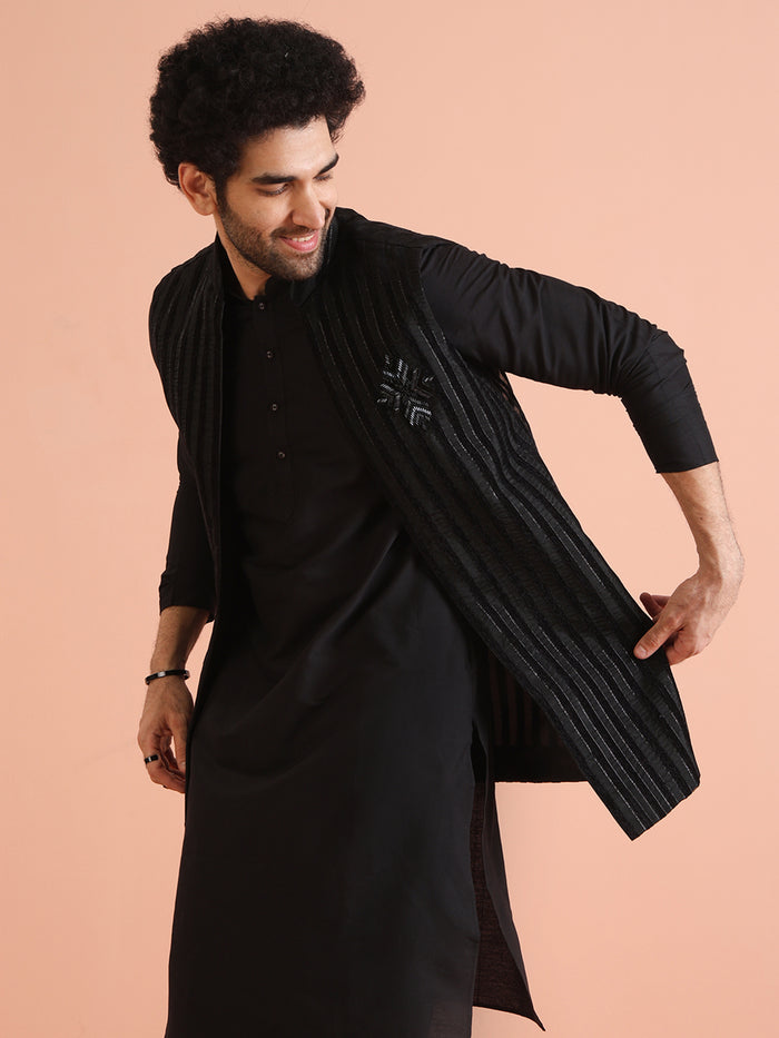 Black Striped Nehru Jacket Kurta Trouser
