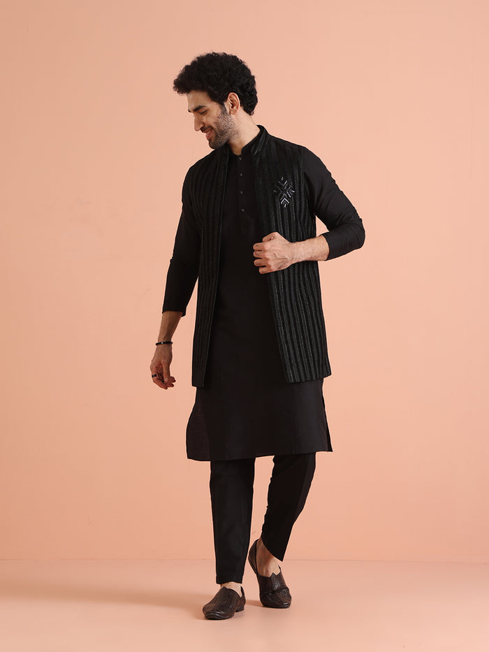 Black Striped Nehru Jacket Kurta Trouser