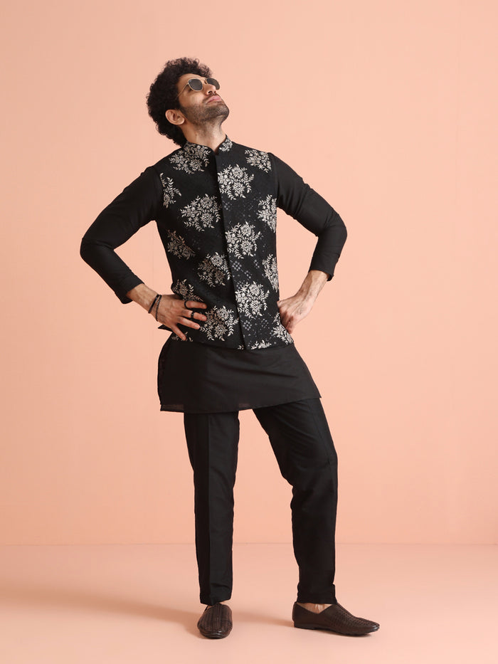 Black Thread Work Jacket Kurta Trouser Set