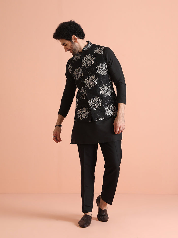 Black Thread Work Jacket Kurta Trouser Set