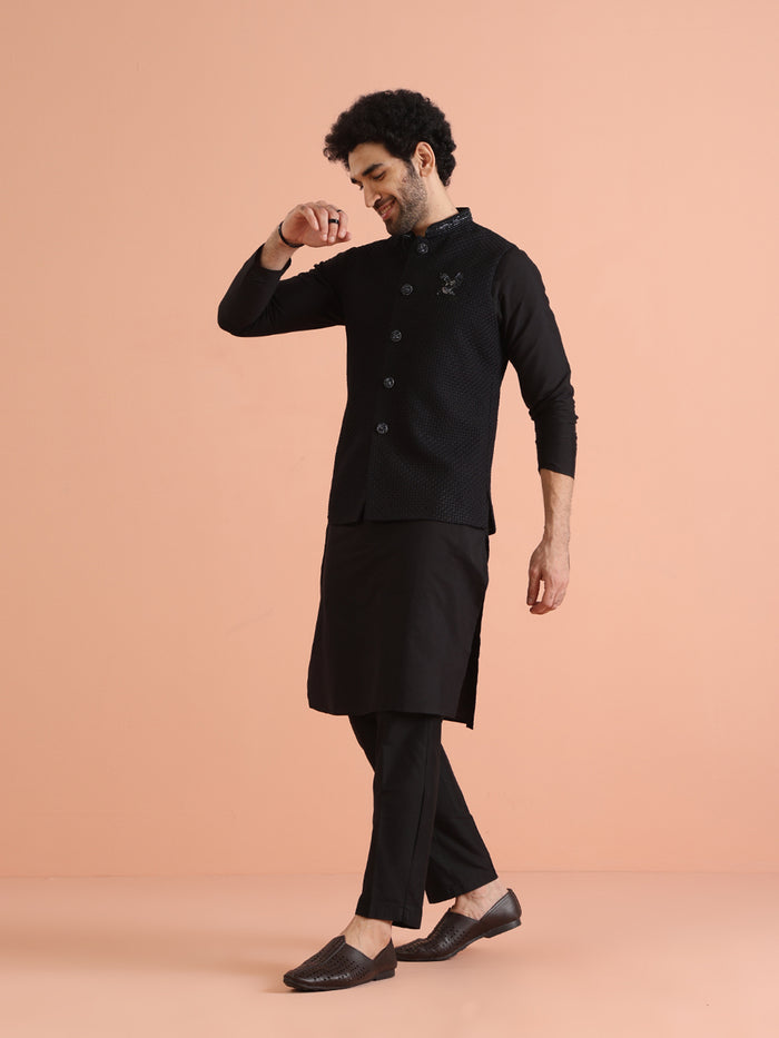 Black Thread Work Jacket Kurta Trouser Set