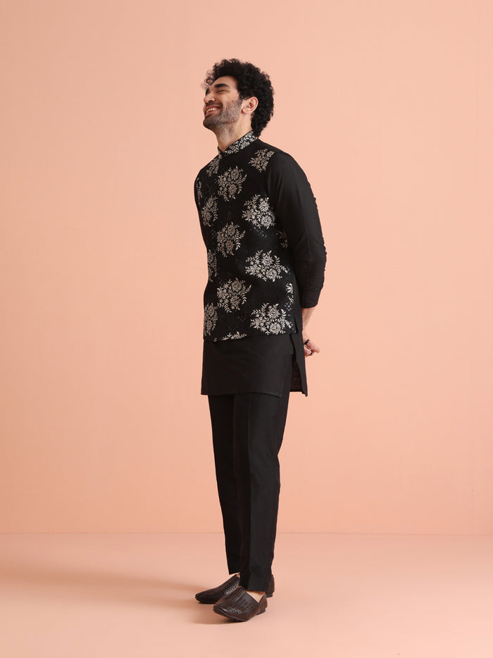 Black Thread Work Jacket Kurta Trouser Set