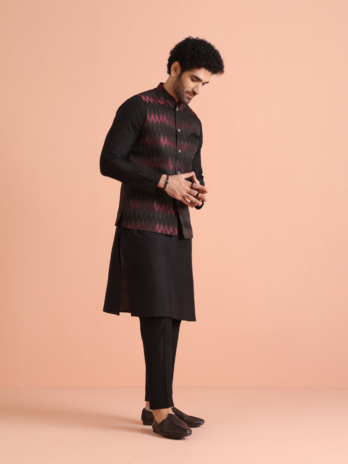 Black Wine Cotton Silk Zigzag Textured Jacket
