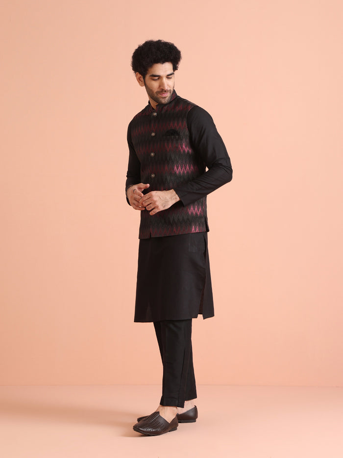 Black Wine Cotton Silk Zigzag Textured Jacket