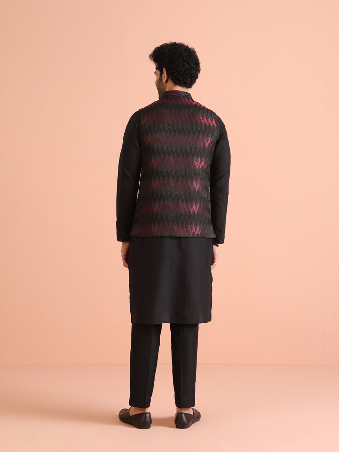 Black Wine Cotton Silk Zigzag Textured Jacket