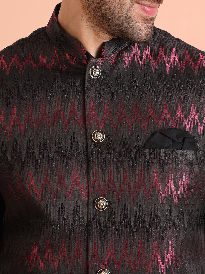Black Wine Cotton Silk Zigzag Textured Jacket