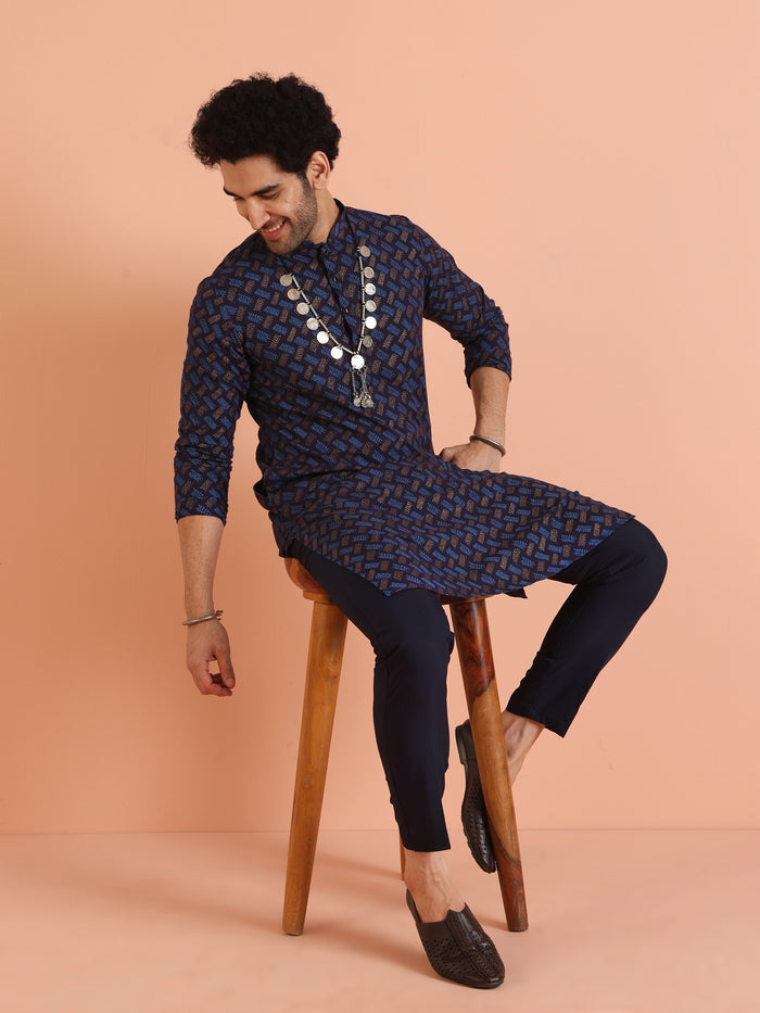 Blue Cotton Silk Printed Kurta with Trouser